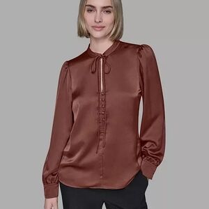 Karl Lagerfeld Brown Satin Button-Up Blouse